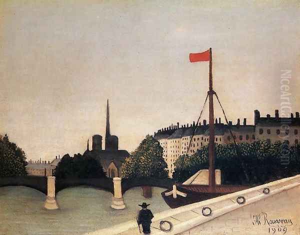 Notre Dame: View of the Ile Saint-Louis from the Quai Henri IV Oil Painting by Henri Julien Rousseau