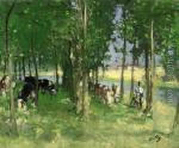 Vaches Sous Les Peupliers Oil Painting by Pierre Eugene Montezin