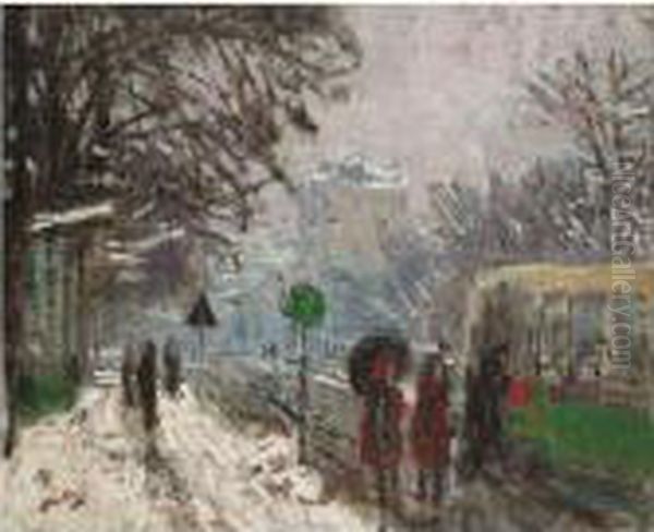 Boulevard Bineau Sur La Neige Oil Painting by Pierre Eugene Montezin