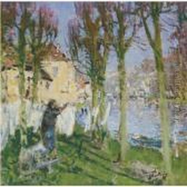 Lavandiere Etendant Son Linge Oil Painting by Pierre Eugene Montezin