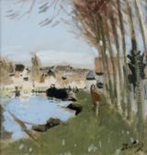 Village Au Bord De L'etang Oil Painting by Pierre Eugene Montezin