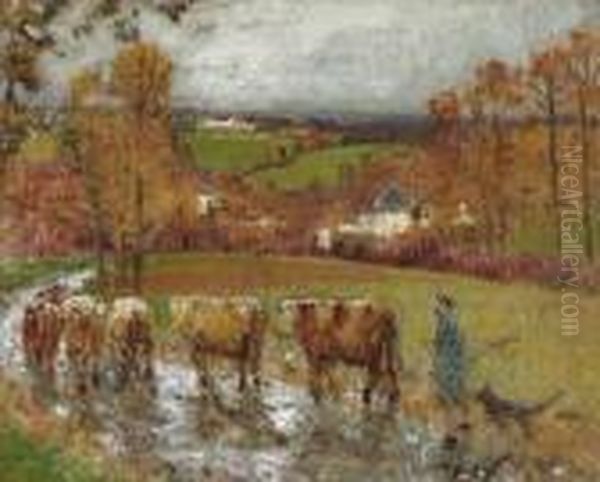 Retour Du Troupeau Apres La Pluie (creuse) Oil Painting by Pierre Eugene Montezin