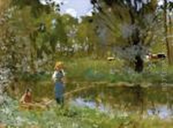 Fishermen By The River Oil Painting by Pierre Eugene Montezin