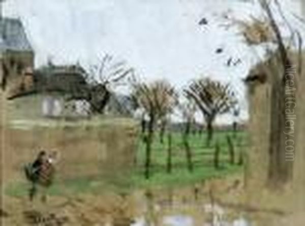 Two Figures Walking In The Countryside Oil Painting by Pierre Eugene Montezin