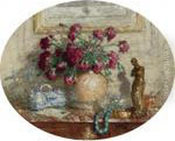 Vase D'oeillets Sur La Commode Oil Painting by Pierre Eugene Montezin