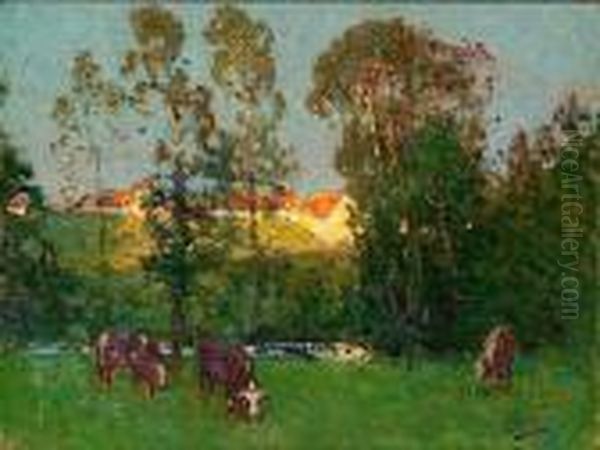 Les Vaches Au Pre Oil Painting by Pierre Eugene Montezin