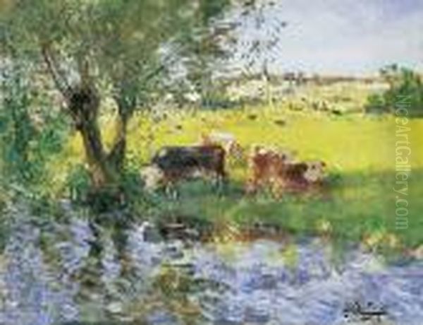 Vaches En Bord De Riviere A Lombre Du Saule Oil Painting by Pierre Eugene Montezin