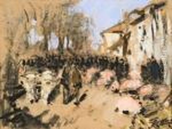 Place De Village. Oil Painting by Pierre Eugene Montezin