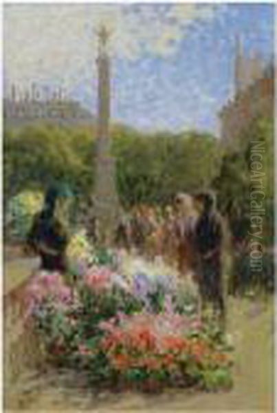 L'ile De La Cite, La Fontaine Du Palmier Et Le Marche Aux Fleurs Oil Painting by Pierre Eugene Montezin