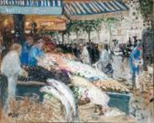 Le Marche Aux Poissons Oil Painting by Pierre Eugene Montezin