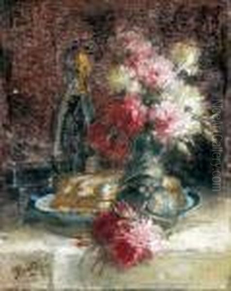 Bouquet De Pivoines A La Bouteille De Champagne Et Boudoirs Oil Painting by Pierre Eugene Montezin