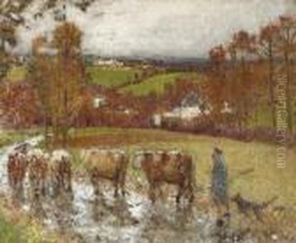 Retour Du Troupeau Apres La Pluie Oil Painting by Pierre Eugene Montezin