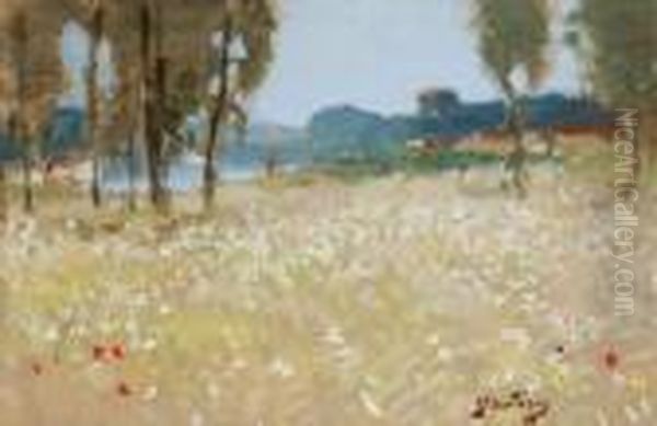 Champ De Fleurs Et Cours D'eau Oil Painting by Pierre Eugene Montezin