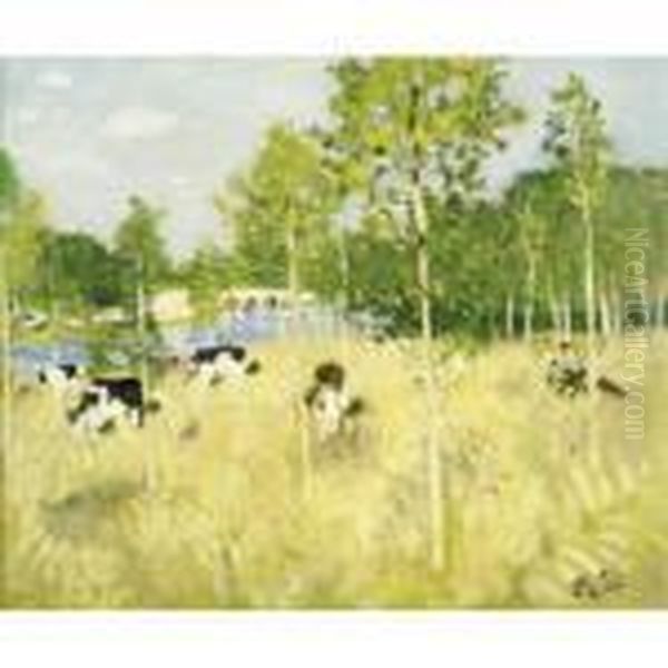 Vaches Devant La Prairie Oil Painting by Pierre Eugene Montezin