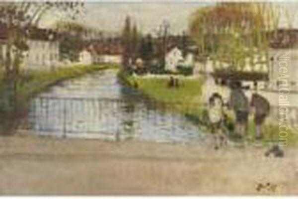 Sur Le Pont De Moret Sur Loing by Pierre Eugene Montezin