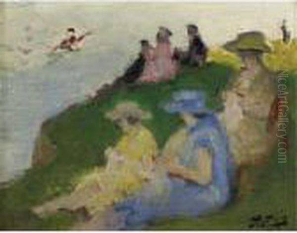 Jeunes Femmes Tricotant (jeunes Femmes Sur La Falaise) Oil Painting by Pierre Eugene Montezin