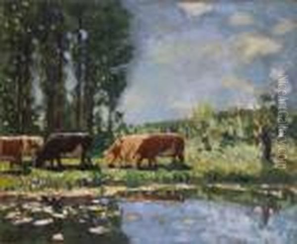 Vaches Au Bord D'un Etang Oil Painting by Pierre Eugene Montezin