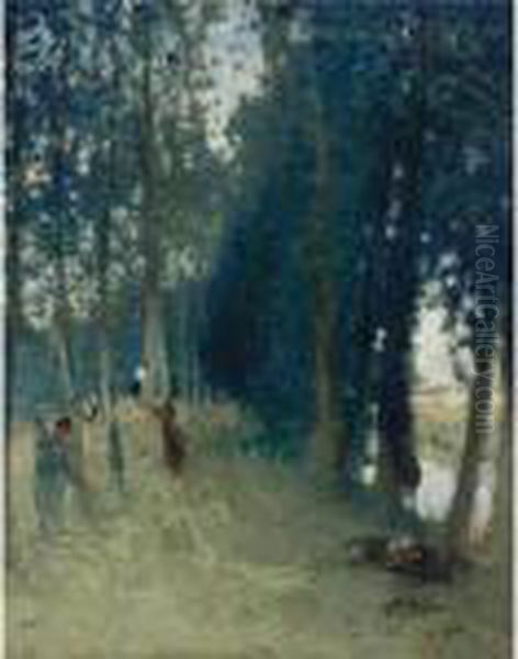 La Fenaison Au Bord Du Ruisseau Oil Painting by Pierre Eugene Montezin