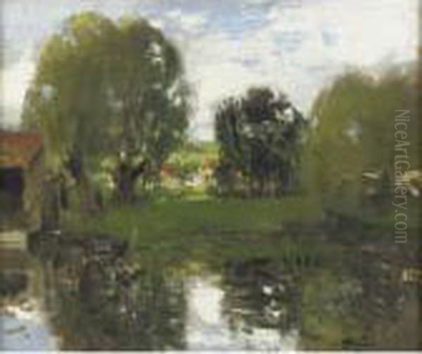 Village Au Bord De L'etang Oil Painting by Pierre Eugene Montezin