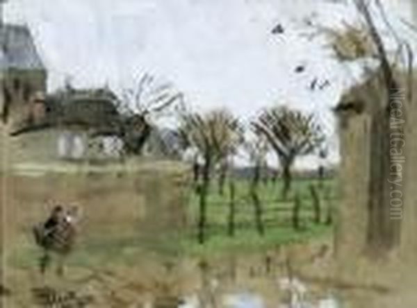 Two Figures Walking In The Countryside Oil Painting by Pierre Eugene Montezin