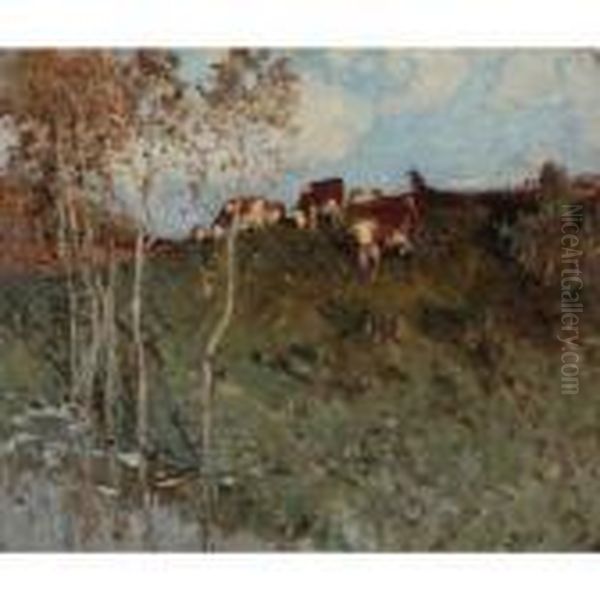 Vaches Au Paturage, Lumiere Du Soir Oil Painting by Pierre Eugene Montezin