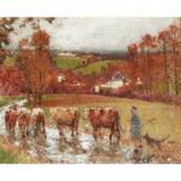 Retour Du Troupeau Apres La Pluie (creuse) Oil Painting by Pierre Eugene Montezin