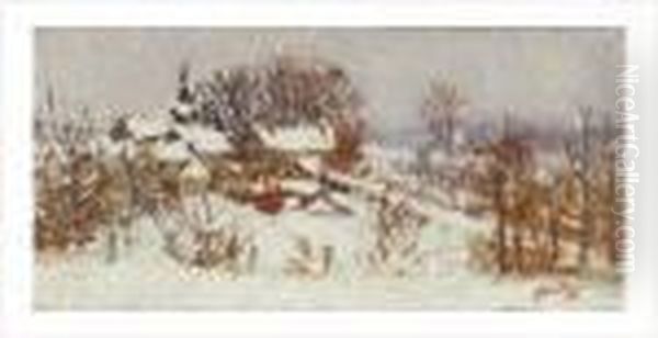 Village Sous La Neige Dans La Creuse Oil Painting by Pierre Eugene Montezin