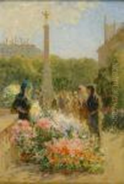 Marchand De Fleurs Oil Painting by Pierre Eugene Montezin