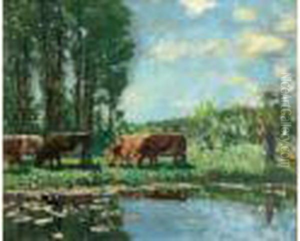 Vaches Au Bord D'un Etang Oil Painting by Pierre Eugene Montezin