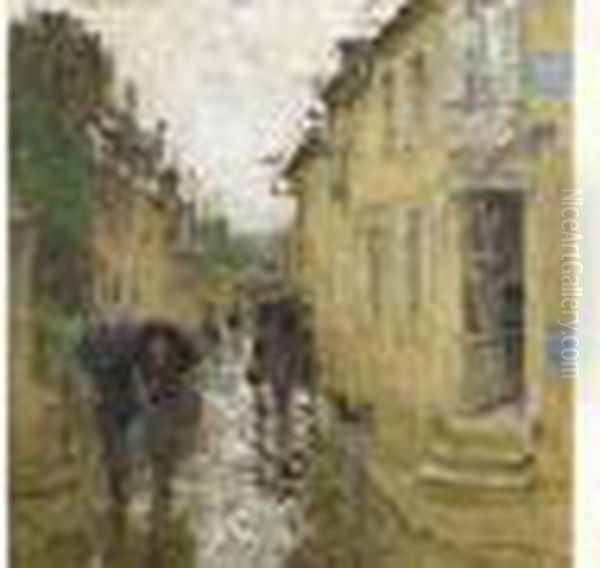 La Grande Rue De Besse-sur-bray Sous La Pluie Oil Painting by Pierre Eugene Montezin