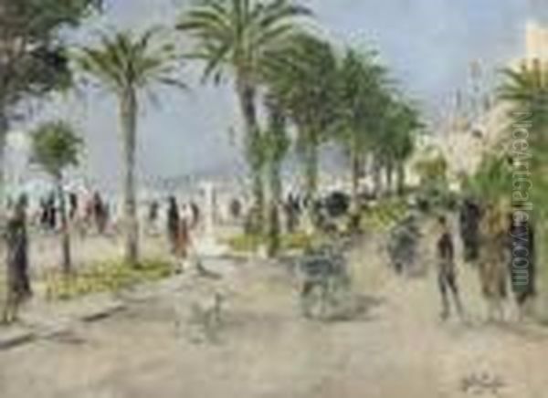 Les Palmiers Sur La Promenade Des Anglais A Nice Oil Painting by Pierre Eugene Montezin