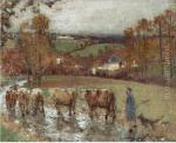 Retour Du Troupeau Apres La Pluie (creuse) Oil Painting by Pierre Eugene Montezin