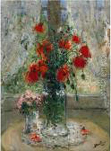 Coquelicots Et Marguerites Devant La Fenetre Oil Painting by Pierre Eugene Montezin