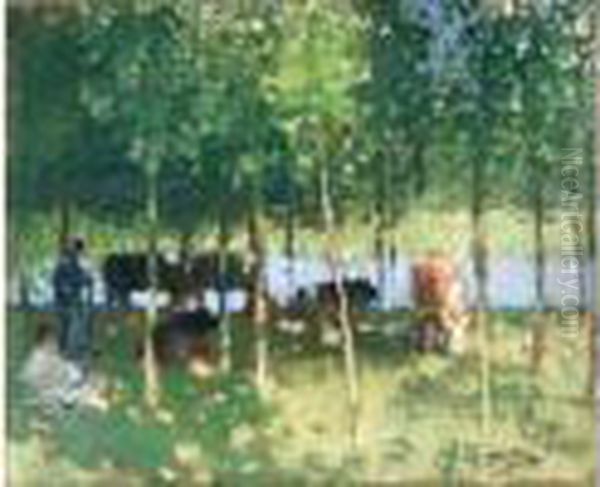 Vaches Et Fermiers Au Bord D'une Riviere. Oil Painting by Pierre Eugene Montezin