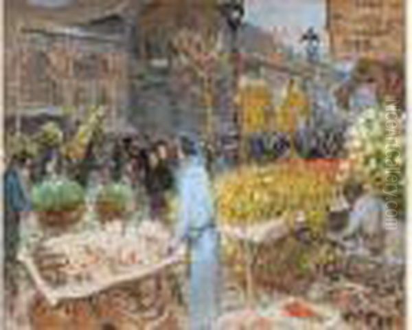 Les Petits Marchands Aux Halles Oil Painting by Pierre Eugene Montezin