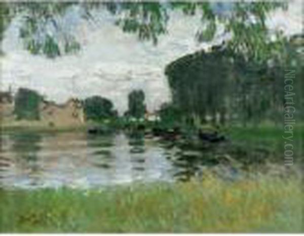 Barques Sur L'etang Oil Painting by Pierre Eugene Montezin