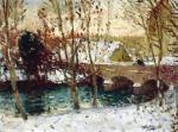 Bords De Riviere Sous La Neige Oil Painting by Pierre Eugene Montezin