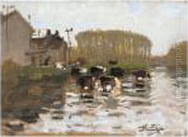 Vaches Dans La Riviere Oil Painting by Pierre Eugene Montezin