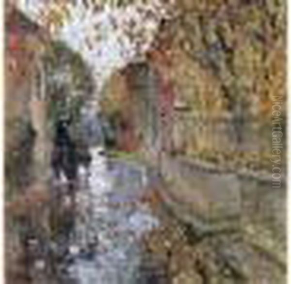 Automne, Rue Sous La Pluie. Oil Painting by Pierre Eugene Montezin