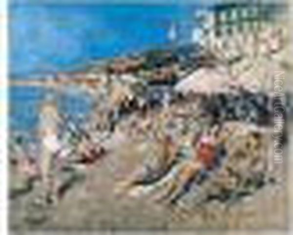 La Plage De Cannes Oil Painting by Pierre Eugene Montezin