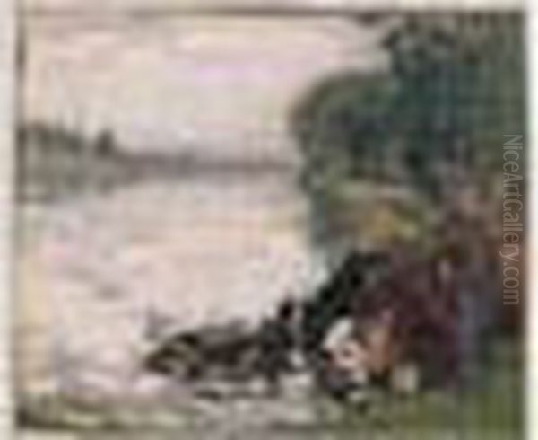 Berger Et Ses Vaches Au Bord Du Lac Oil Painting by Pierre Eugene Montezin