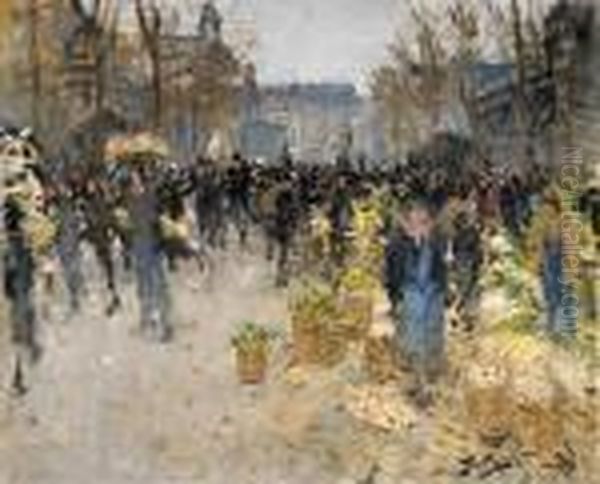 Les Halles, Le Marcher Aux Legumes (the Vegetable Market At Leshalles) Oil Painting by Pierre Eugene Montezin