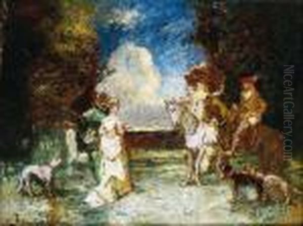 Couple De Cavaliers Et Couple A Pied Conversant Et Accompagnes De Leurs Chiens Oil Painting by Adolphe Joseph Th. Monticelli