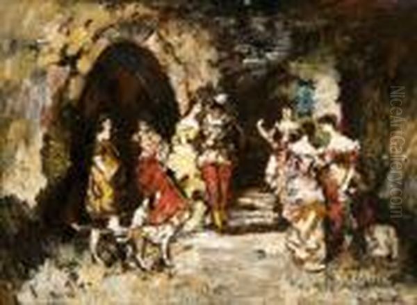 Scene Galante Pres Des Ruines Oil Painting by Adolphe Joseph Th. Monticelli