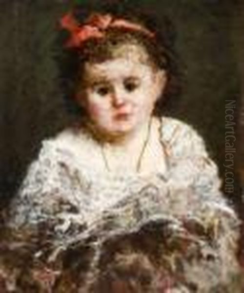 La Petite Fille Au Ruban Rouge Oil Painting by Adolphe Joseph Th. Monticelli