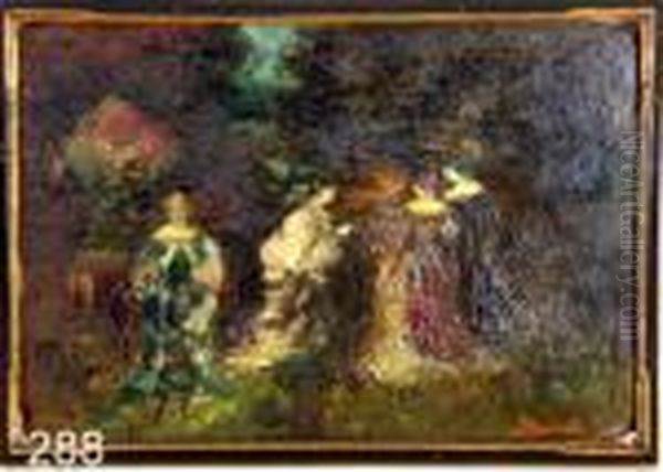 Four Elegant Women In Garden Oil Painting by Adolphe Joseph Th. Monticelli