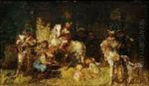 Cavaliers, Chien Et Enfants Dans Un Sous-bois Oil Painting by Adolphe Joseph Th. Monticelli