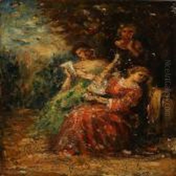 Three Women In A Park Oil Painting by Adolphe Joseph Th. Monticelli