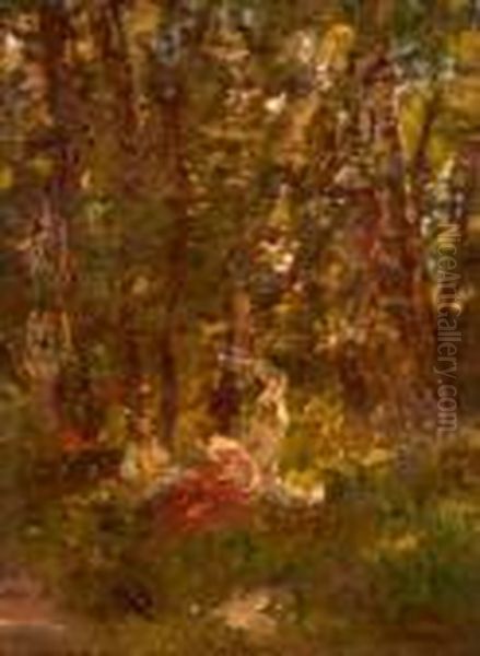 Le Dejeuner En Foret Oil Painting by Adolphe Joseph Th. Monticelli