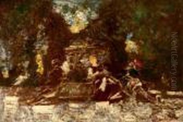 Le Repos Autour De La Vasque Oil Painting by Adolphe Joseph Th. Monticelli